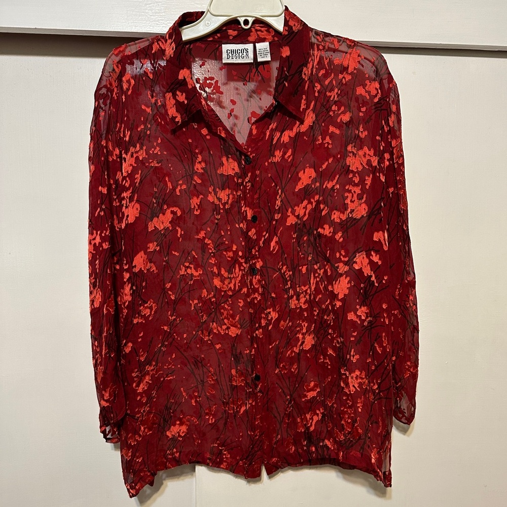 Chico's Sheer Red and Orange Floral Button Down silk Shirt